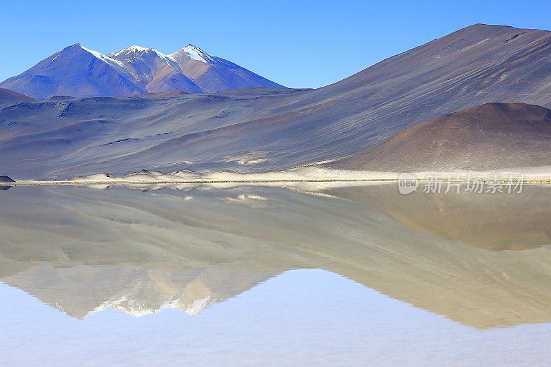 Salar de Talar和Miniques白雪皑皑的火山-日出时绿松石湖的倒影和Piedras rojas(红色石头)的岩层，田园般的阿塔卡马沙漠，火山景观全景-圣佩德罗阿塔卡马，智利，Bolívia和阿根廷边境